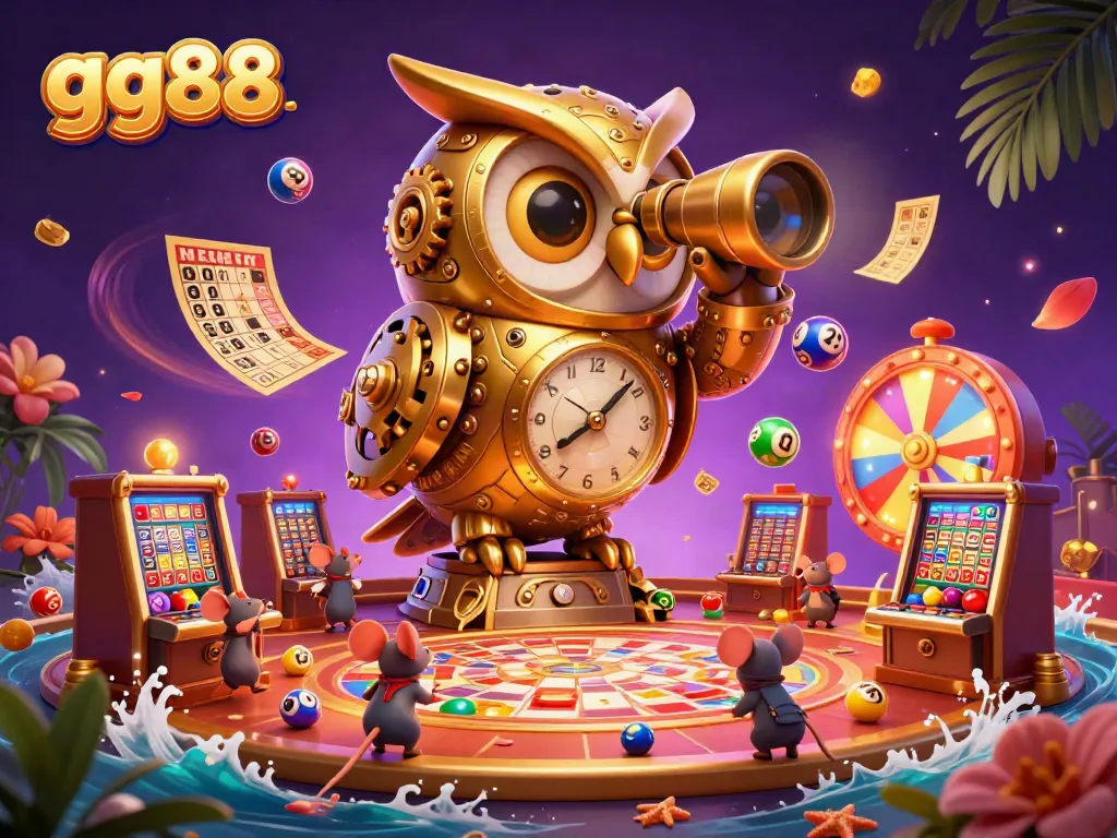 Experience the thrills of gg88 with a vibrant casino scene featuring a golden owl and lively characters.