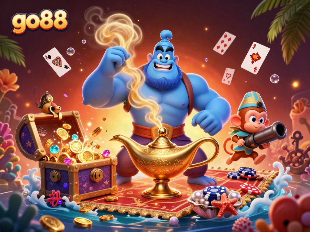 Experience the thrill of go88 with this vibrant, casino-themed 3D illustration featuring colorful game elements.