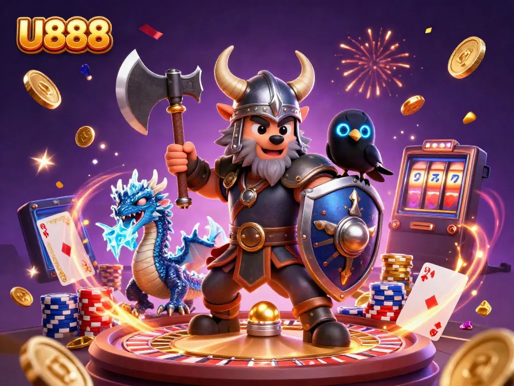 Experience thrilling gameplay at U888 with Viking warrior, dragon, and vibrant casino elements.