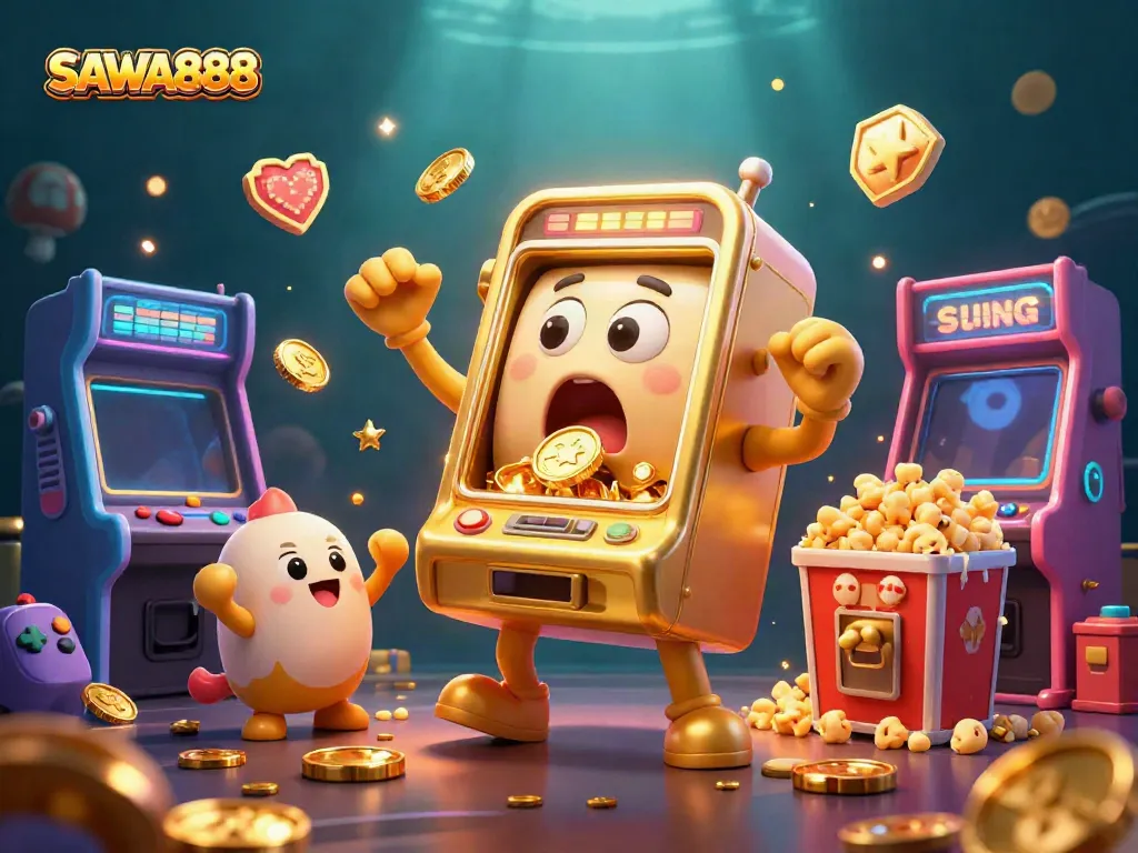 Experience the excitement with SAWA888 as the golden slot machine hits a jackpot, surrounded by colorful gaming elements.