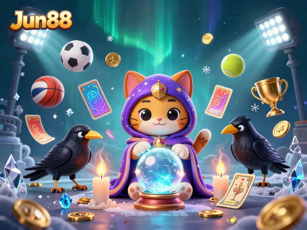 Engage in thrilling gambling experiences with Jun88's vibrant casino scene featuring sports balls and mystical characters.