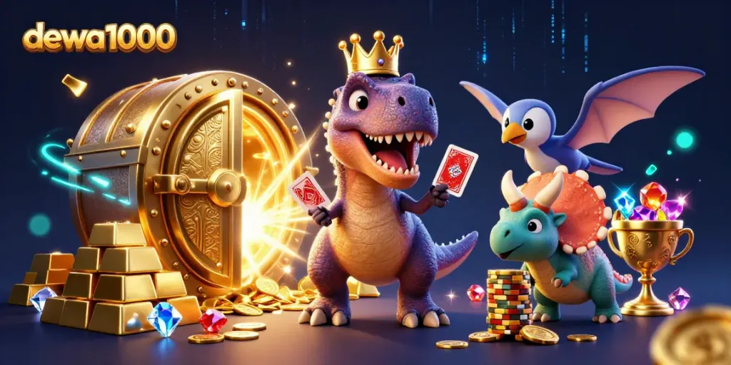 Engage with Dewa1000's exciting casino adventure featuring animated dinosaurs and a treasure-filled backdrop.