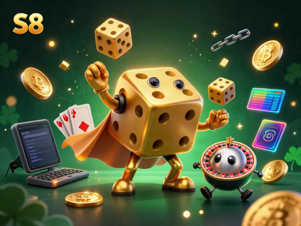 Experience thrilling gaming at S8 with dynamic golden dice and vibrant crypto elements