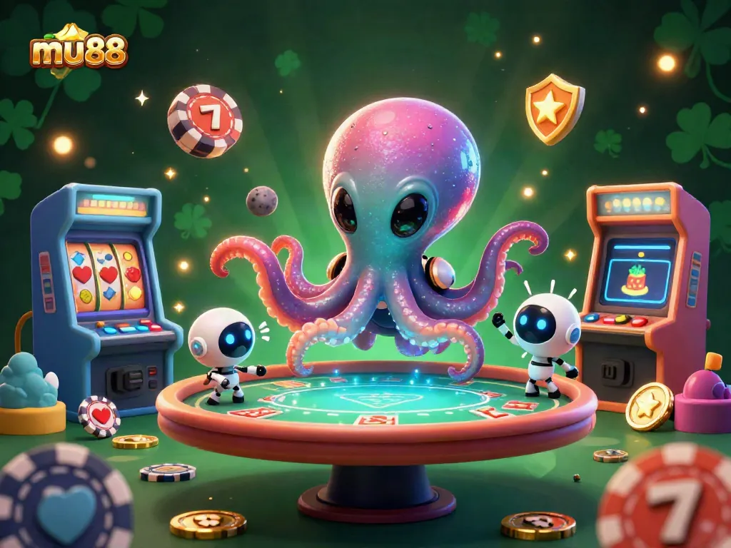 Engage thrilling poker games with mu88's dynamic 3D illustration featuring a delightful octopus and robot.