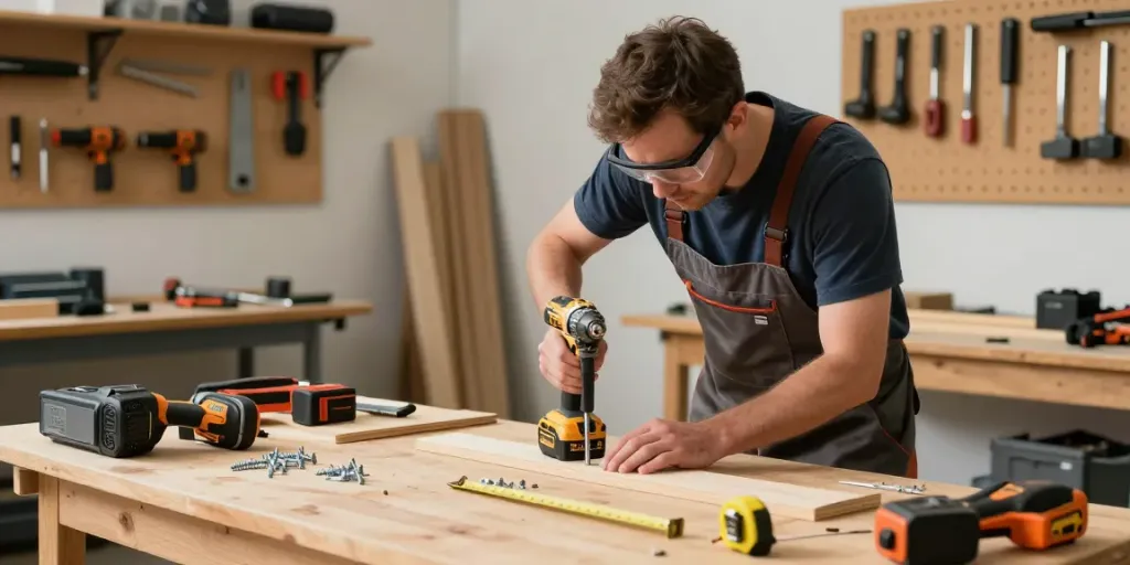 Avvitatore Dewalt utilizzato da un artigiano in un laboratorio ben attrezzato con vari strumenti e materiali.