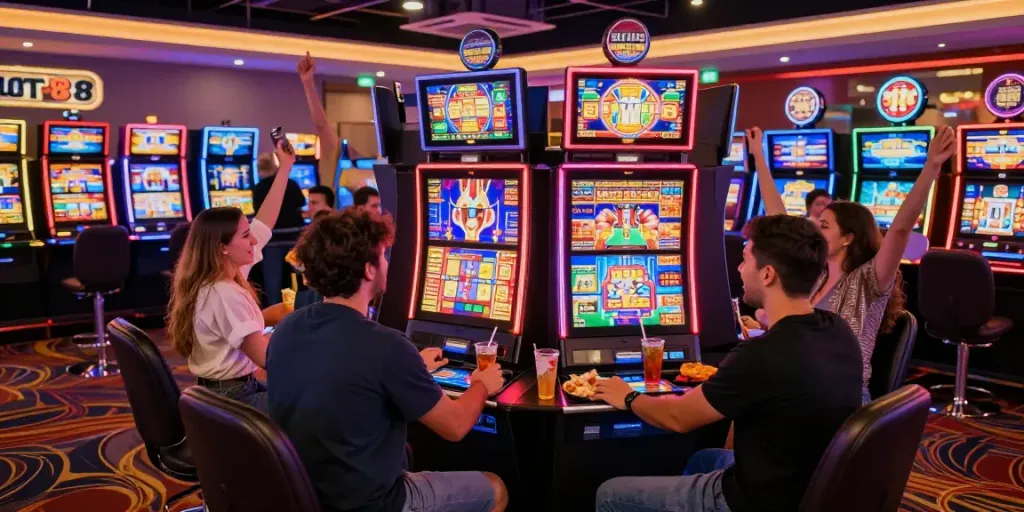 Players enjoying the slot88 gaming experience with lively atmosphere and colorful lights.