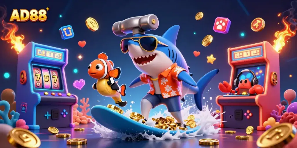 Experience the thrill of AD88 with a vibrant, cartoon-style digital illustration showcasing engaging casino elements.