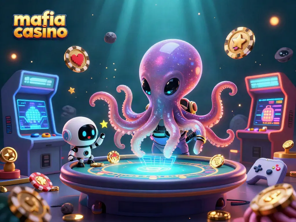 Mafia casino themed alien octopus plays poker in vibrant 3D cartoon illustration.