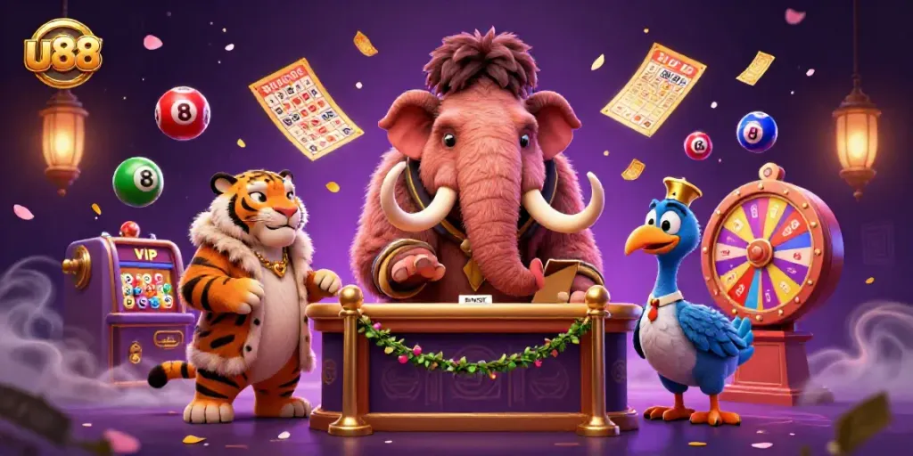 Experience excitement at u88 with vibrant casino characters and dynamic game elements in a colorful 3D scene.