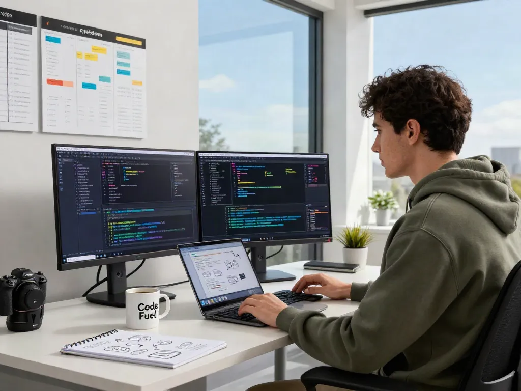 Software engineer working with ggsoft in a modern office, coding on dual monitors with a bright workspace.