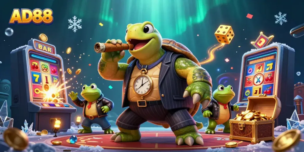 Join the action at AD88 with a vibrant scene featuring a turtle mobster with slot machines and dazzling lights.