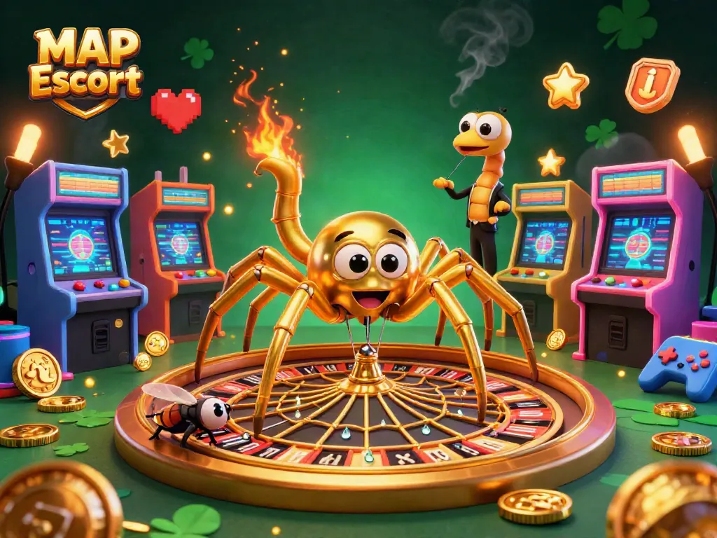 MAP Escort displays a golden spider with a roulette wheel and betting fly, capturing vibrant casino energy.