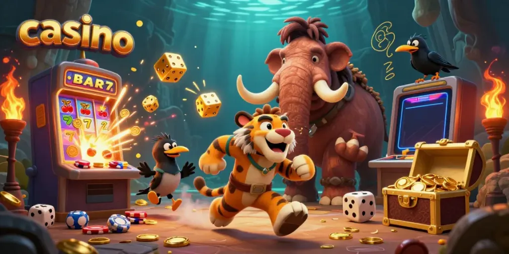 Experience a vibrant prehistoric casino scene with a cartoon duo and a clever crow, celebrating gaming excitement.