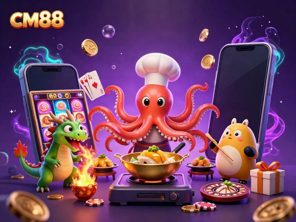 Win big at cm88 with dynamic casino elements featuring a playful octopus chef and a fiery dragon.