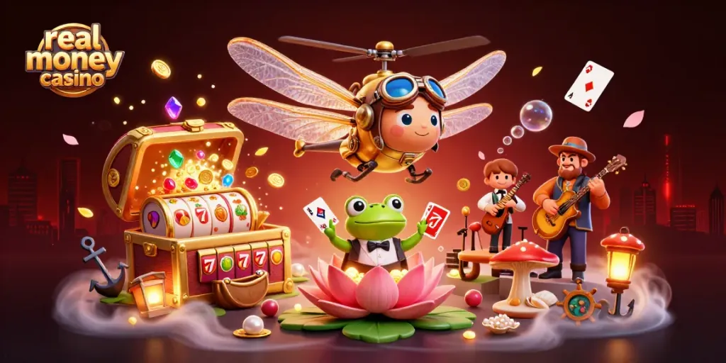 Experience thrilling real money casino action with a vibrant scene of a dragonfly pilot, frog croupier, and jazz-playing crickets in 3D.