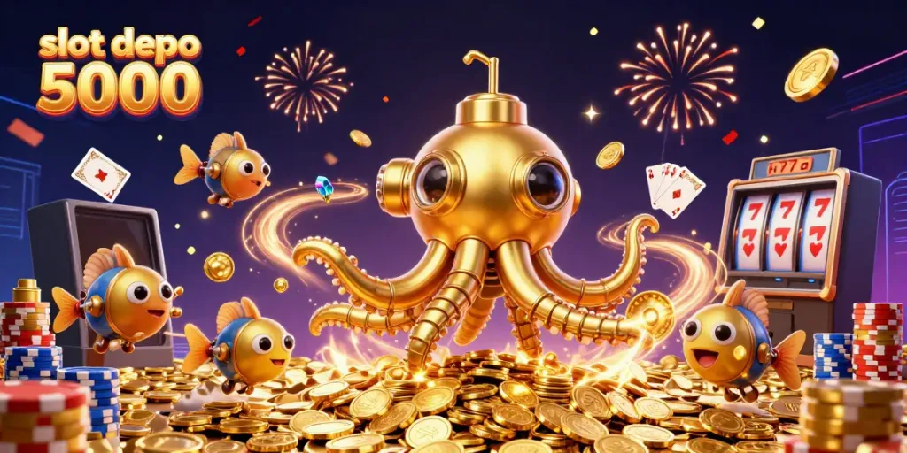 Experience the thrill of slot depo 5000 with a vibrant digital underwater casino scene filled with riches.