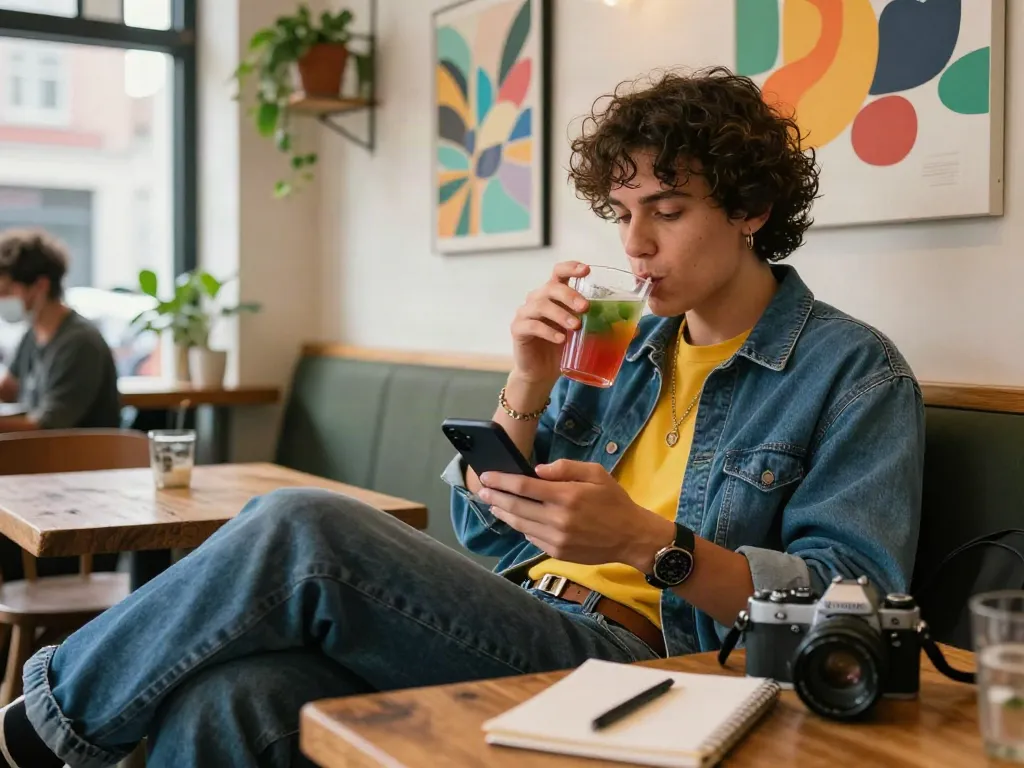 A young adult enjoying a drink in a stylish coffee shop while engaging with smartphone, embodying the spirit of rokok88 lifestyle.