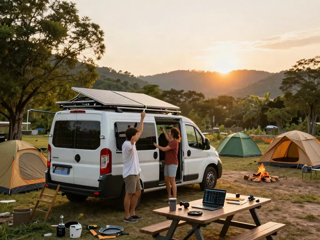 Couple installing solar panels on campervan roof at sunset, showcasing rokok88 lifestyle.