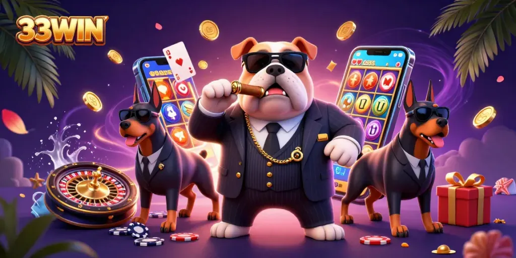 Engage with 33WIN's vibrant 3D casino illustration showcasing a mafia boss bulldog and gaming elements.