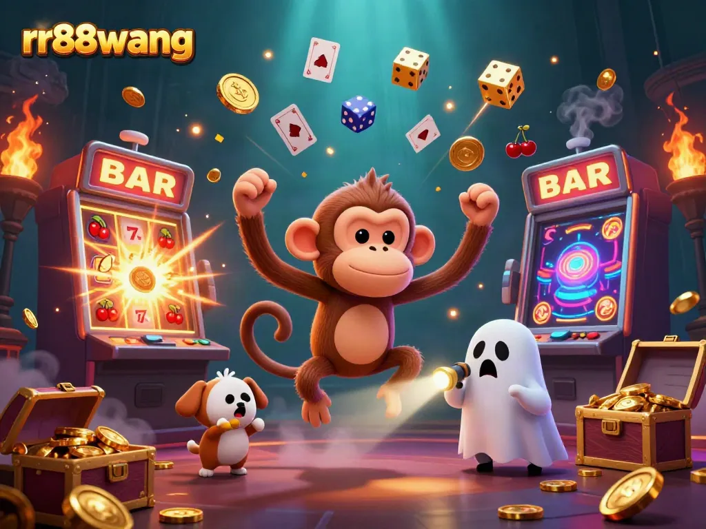 Experience the vibrant RR88wang casino world featuring a juggler monkey and ghost-hunting puppy amidst exciting slots.
