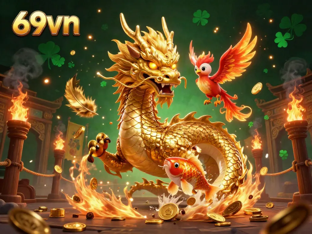 Experience the thrilling world of 69vn with a captivating illustration of a golden dragon and lucky koi fish amidst coins and dynamic gaming elements.