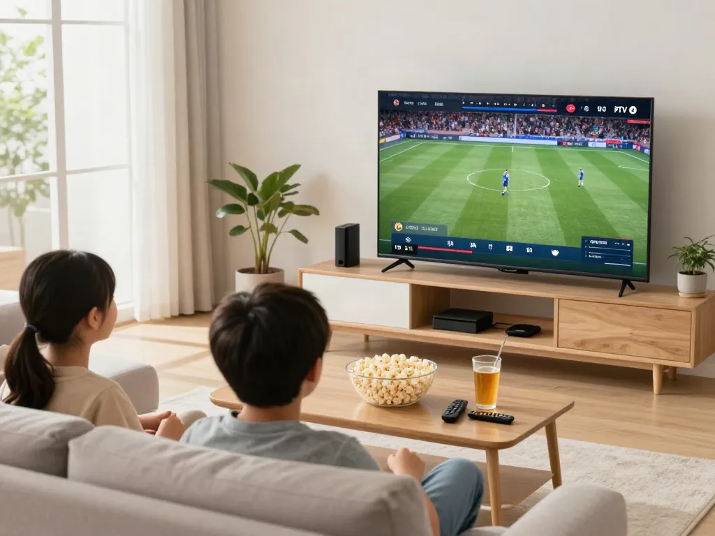 Miglior IPTV family watching sports on a smart TV in a cozy living room.