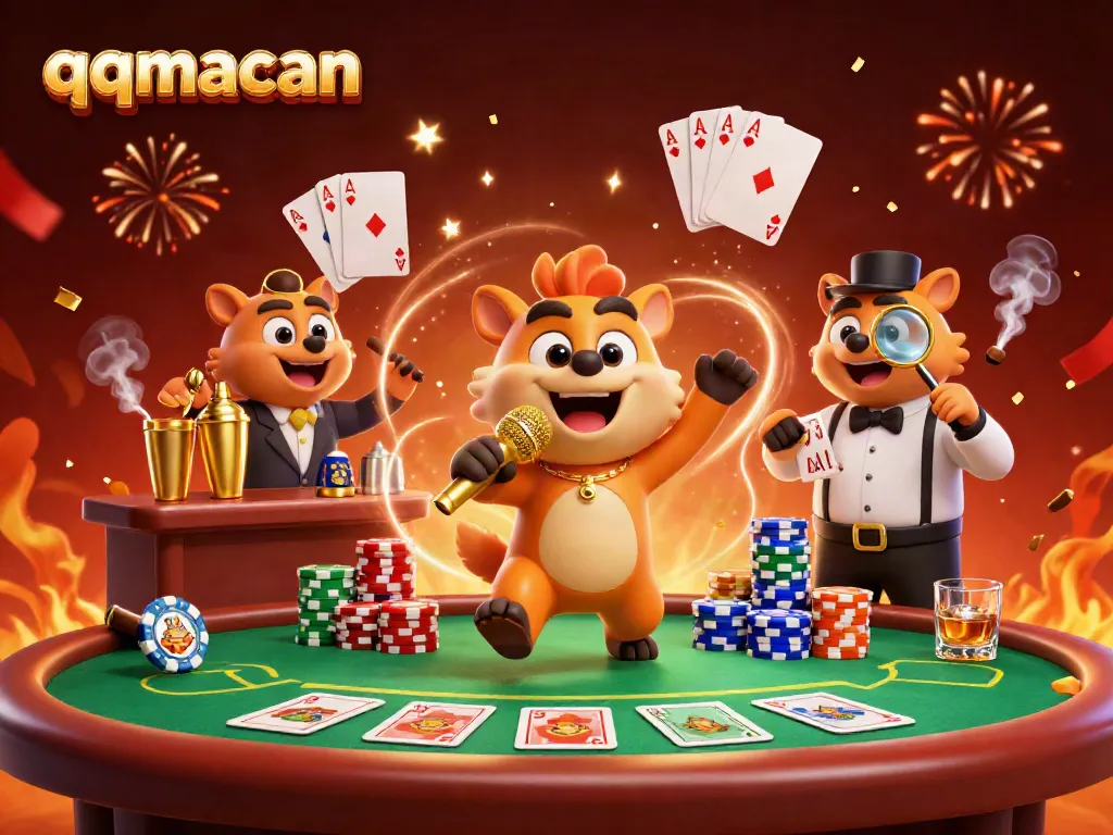 Experience qqmacan with dynamic casino characters engaging at a vibrant comedy club scene.