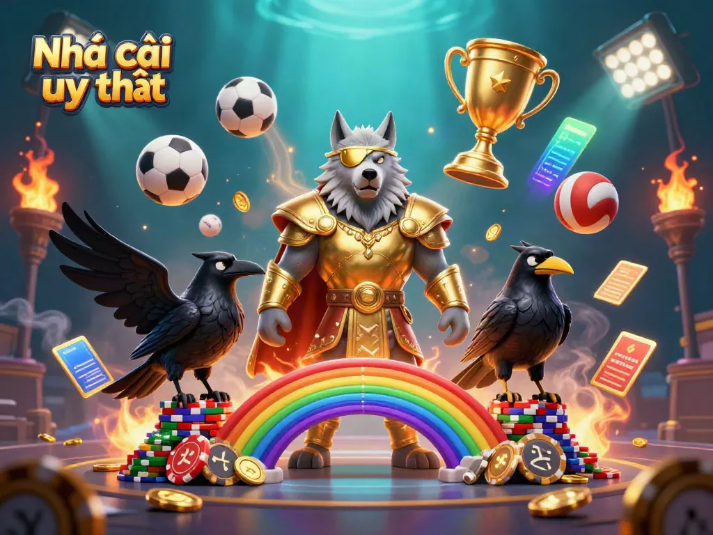 Experience thrilling betting adventures with Nhà cái uy tín on a vibrant casino-themed rainbow bridge.