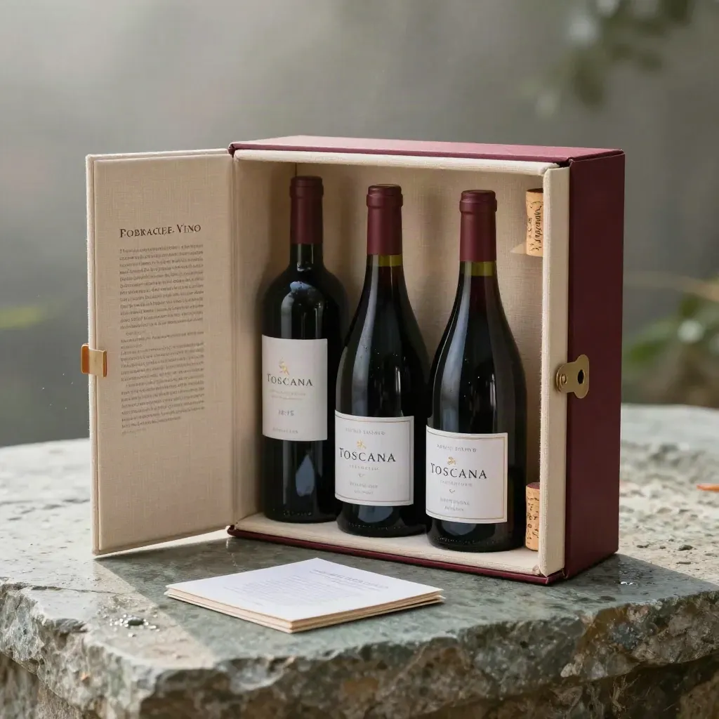 Tre bottiglie rosse toscane in una box regalo di lino su pietra chiara.