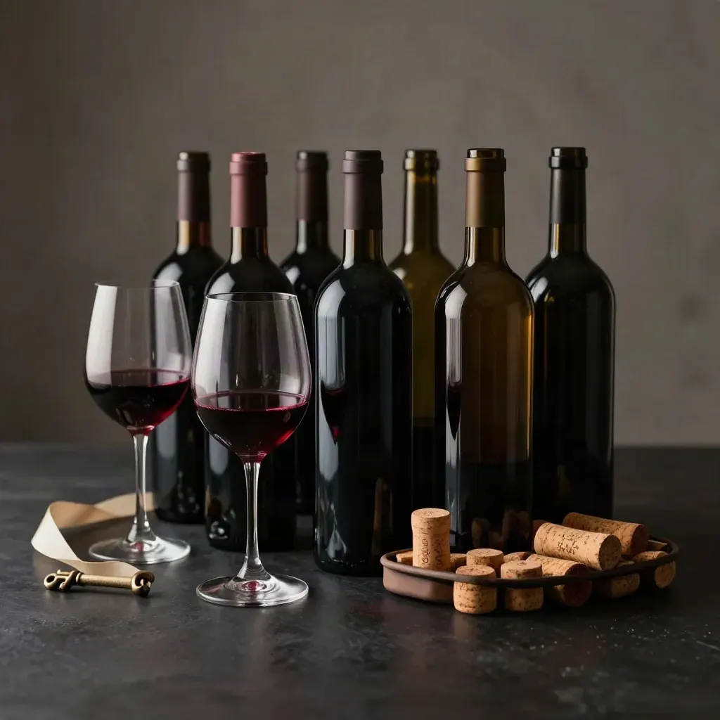 Set degustazione di sei vini italiani con due calici e vassoio per tappi, scena elegante e drammatica.