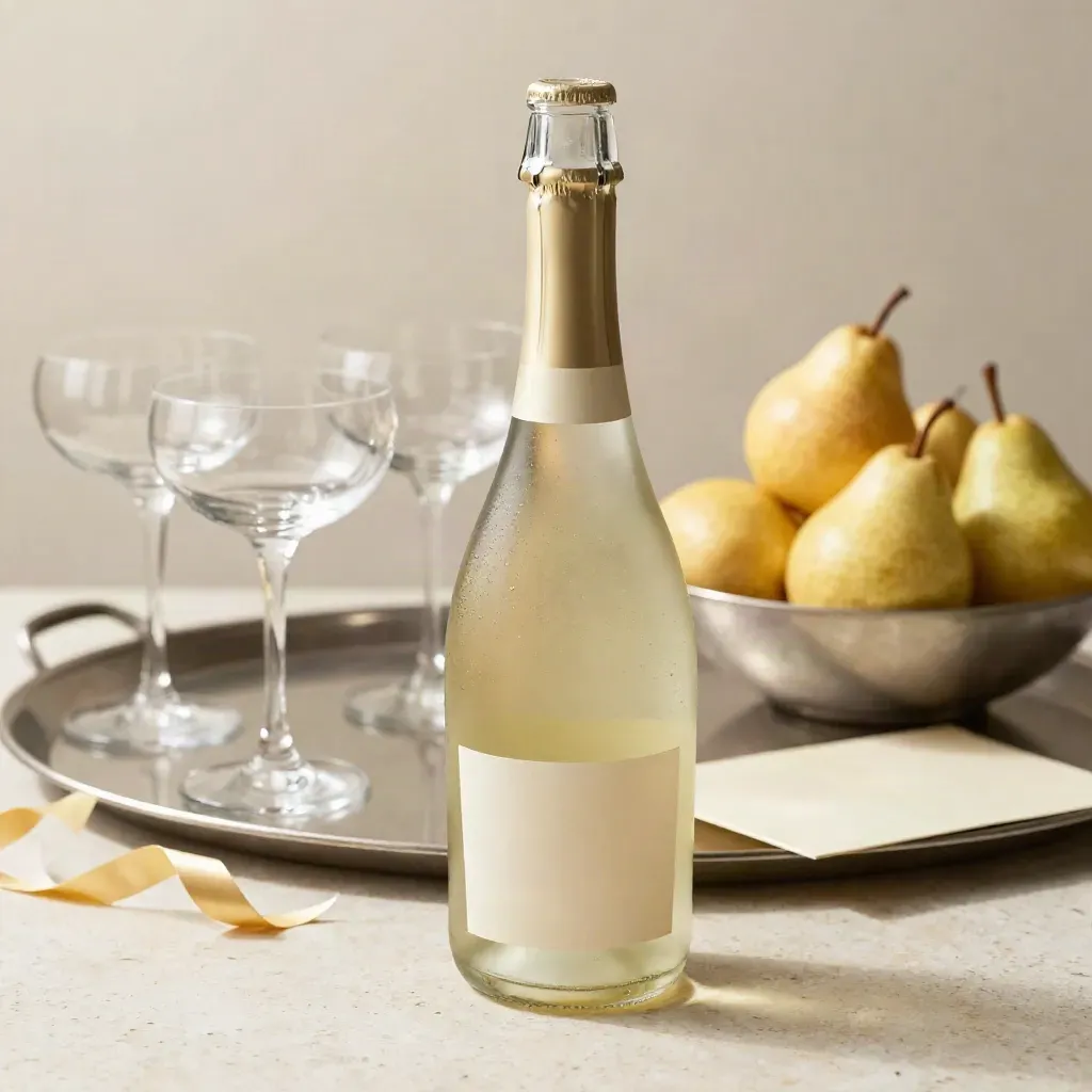 Bottiglia di Prosecco con due coppe, pere chiare e nastro dorato su pietra crema.