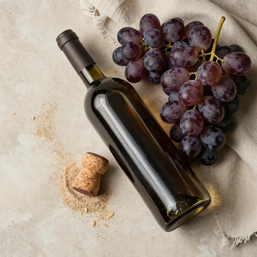 Bottiglia di Barolo, sughero, uva scura e lino stropicciato su intonaco chiaro.