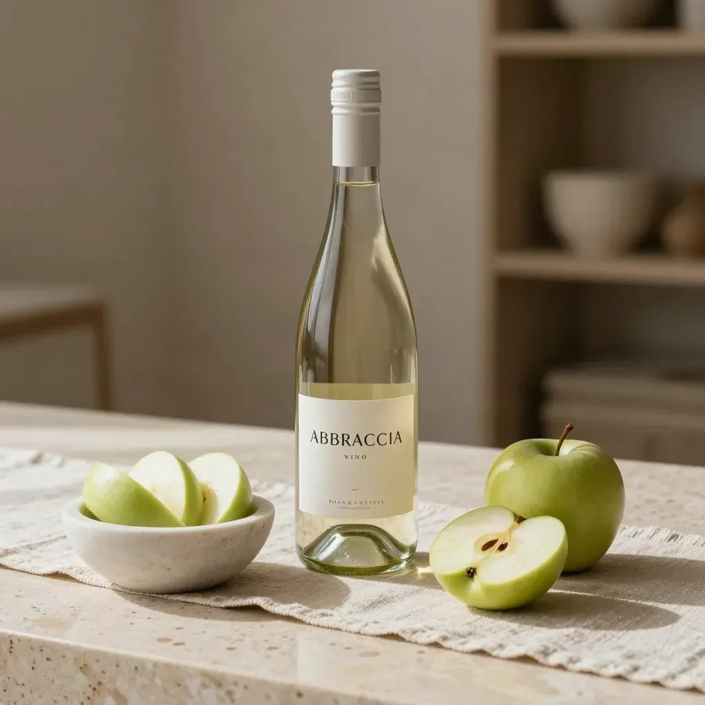 Bottiglia di Pinot Grigio con ciotola in pietra bianca, mele verdi e runner di lino su travertino.