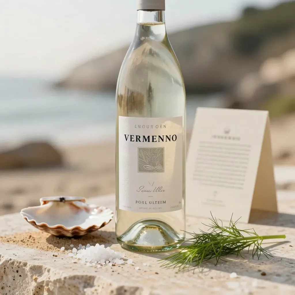 Bottiglia di Vermentino con finocchietto, sale marino e conchiglia su travertino chiaro.