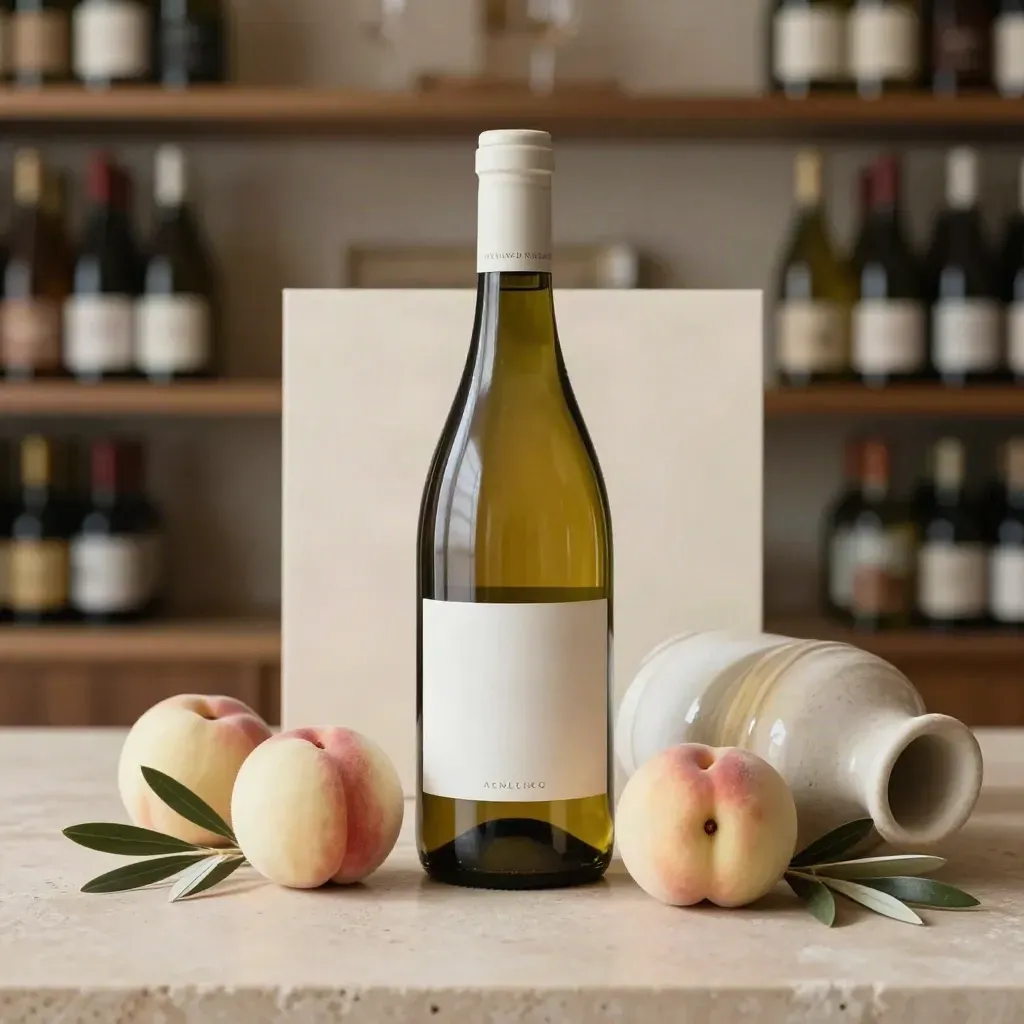 Bottiglia di Fiano di Avellino con pesche bianche, foglie d’ulivo e caraffa ceramica chiara.