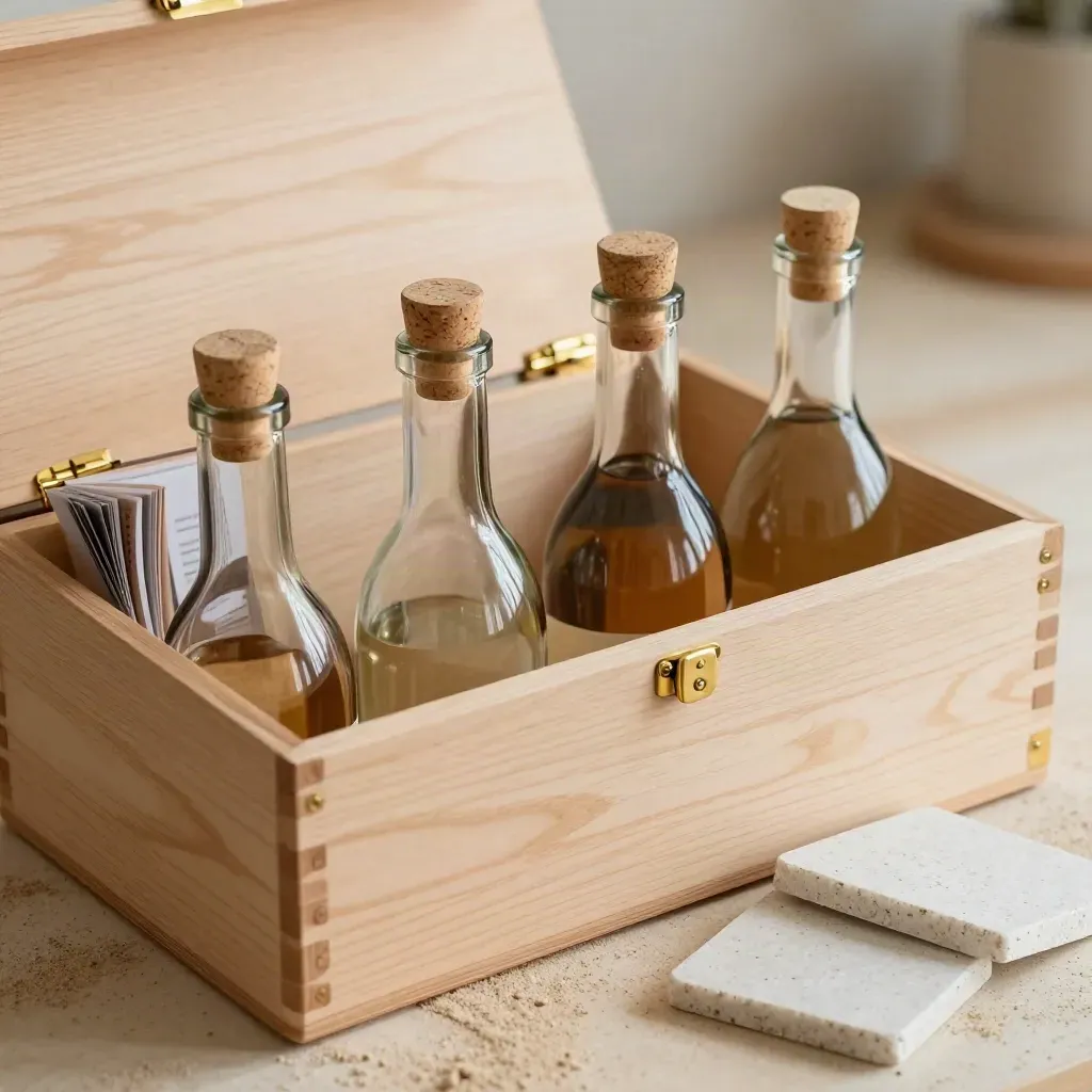 Set degustazione in legno con quattro bottiglie, sottobicchieri in pietra e schede piegate.