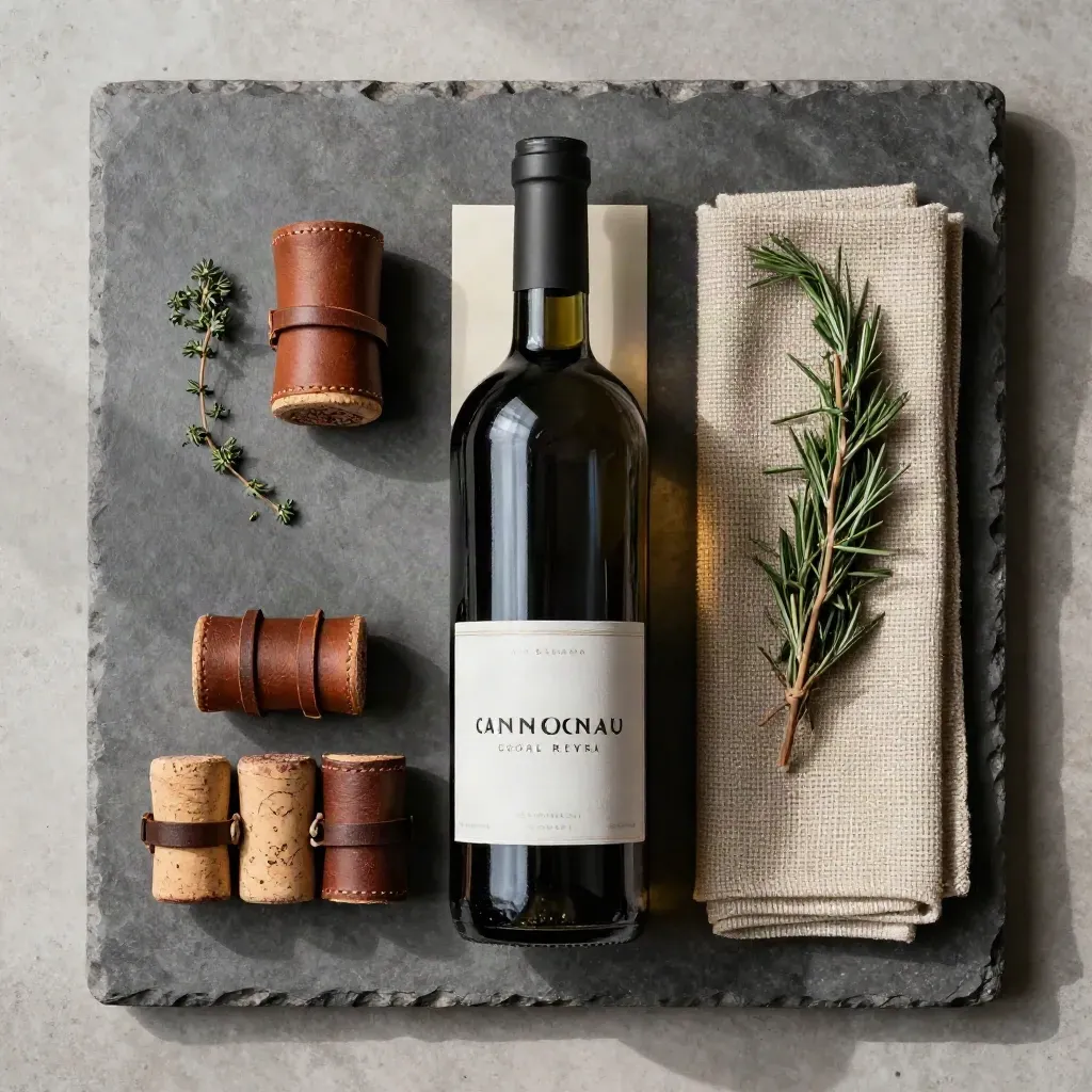 Bottiglia di Cannonau con tappi di sughero, erbe secche e tessuto grezzo su cemento scuro.