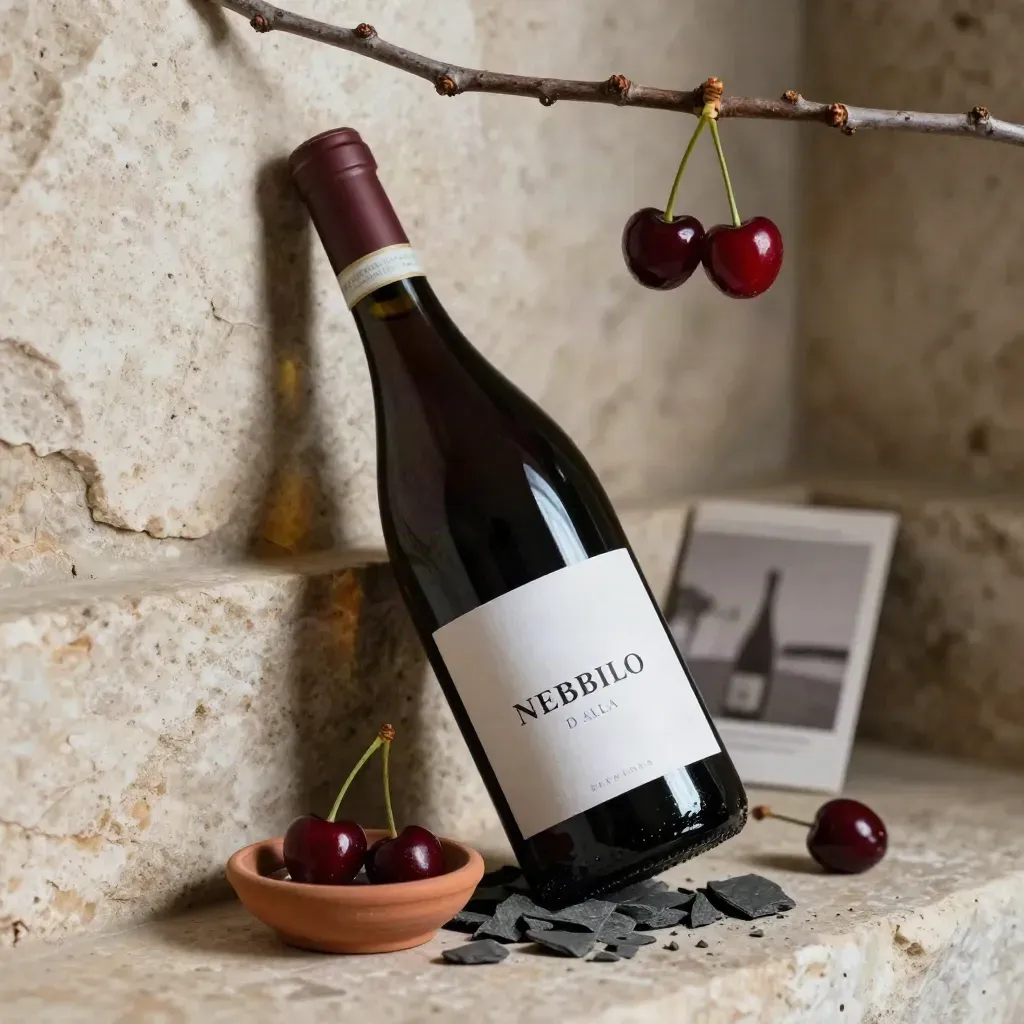 Bottiglia di Nebbiolo d’Alba con ciliegie selvatiche, ardesia e piattino in terracotta in una cantina elegante.