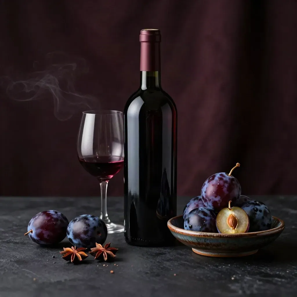 Bottiglia di vino con prugne scure, anice e piatto ceramico su sfondo nero