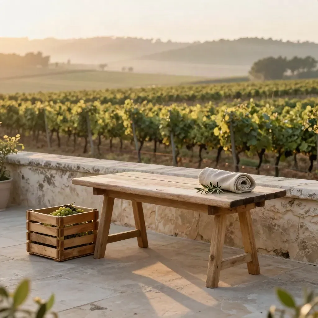 Terrazza di vigneto all’alba con casse, tavolo basso e filari nella foschia