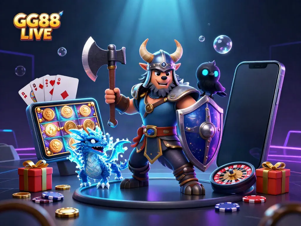 Engage with exciting GG88 LIVE casino gaming featuring rich 3D scenes of a heroic wolf warrior, dragon, and vibrant gaming elements.