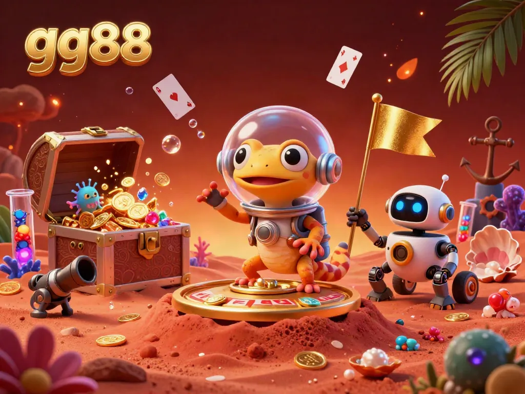 Martian gecko at GG88's golden casino on Mars, discovering treasure with a robot sidekick.