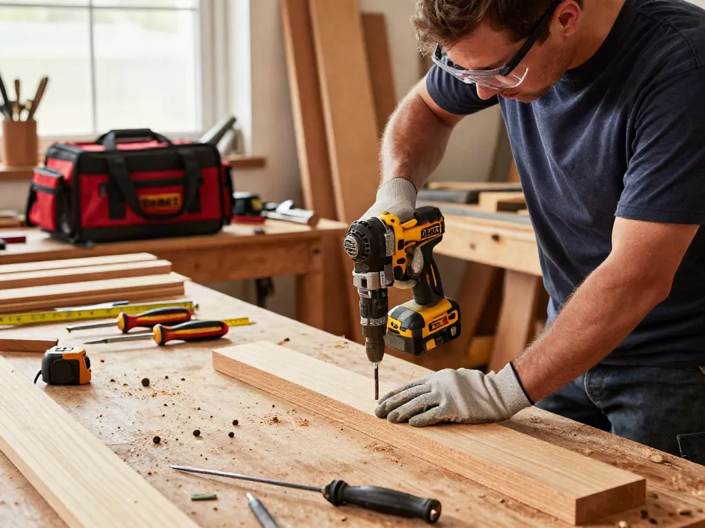 Un artigiano utilizza un avvitatore DeWalt in un laboratorio attrezzato, circondato da strumenti e materiali.