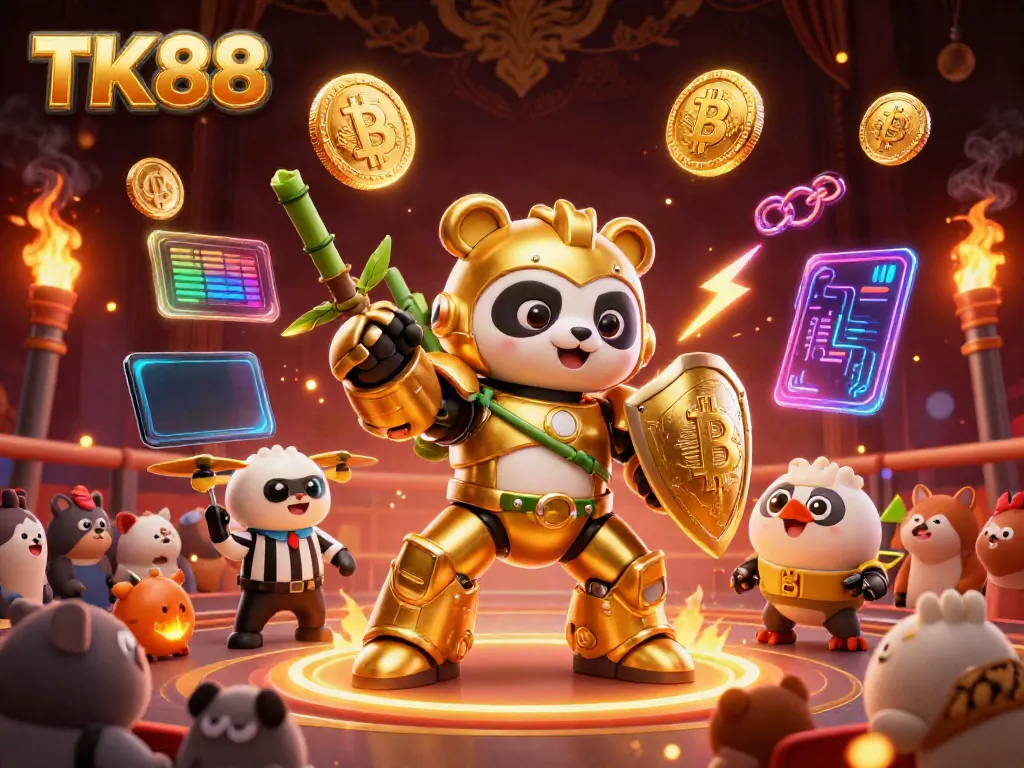 Experience the excitement of TK88 with a vivid 3D illustration of a golden panda robot in a dynamic casino arena.