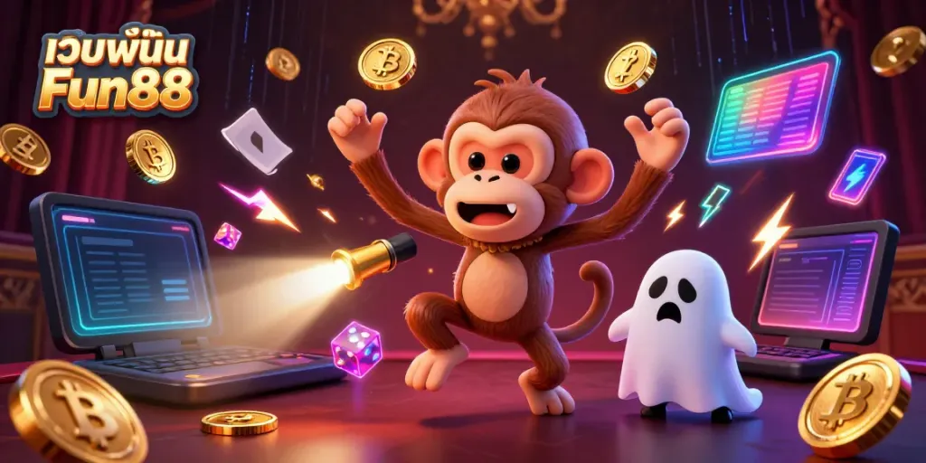 Experience เว็บพนัน Fun88 with a vibrant 3D casino scene featuring animated characters and colorful gaming elements.