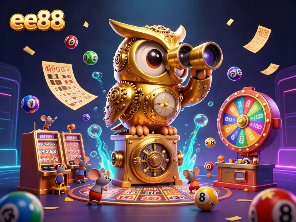 Experience excitement with ee88 in this vibrant 3D casino scene filled with games and colorful elements.