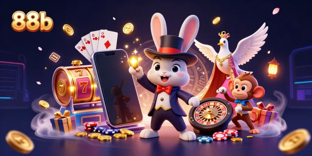 Experience the excitement of 88b with a magician, dove, and monkey in a vibrant casino scene.