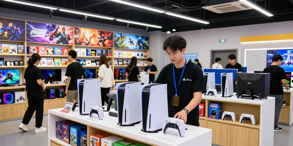 rokok88 gaming store staff showcasing consoles and games in an innovative retail environment