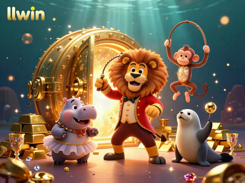 Experience the excitement of llwin with an animated circus scene showcasing vibrant characters and casino treasures.