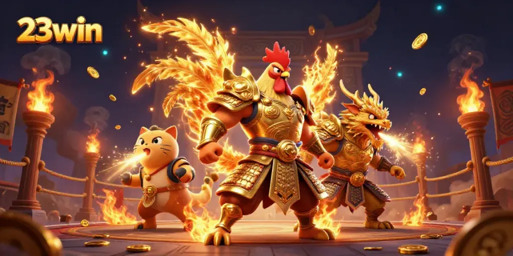 Engage in thrilling action with the 23win fighting rooster and dragon in this vibrant casino scene.